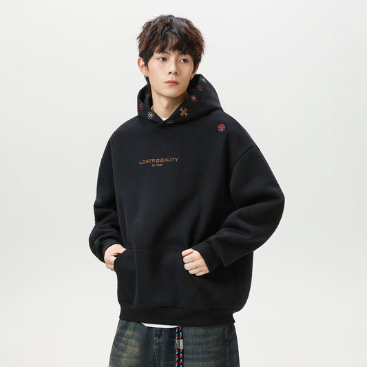 INS Ethnic-style Textured Embroidery Heavyweight Hooded Sweatshirt