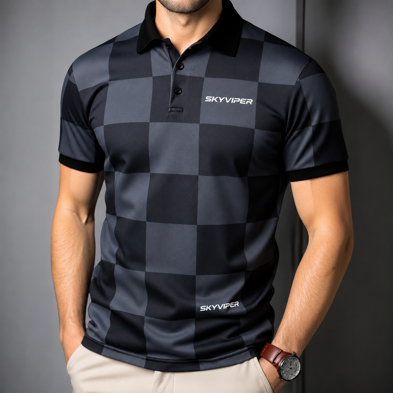 Checkered Short-Sleeve Letter-Printed Casual Fashion T-Shirt