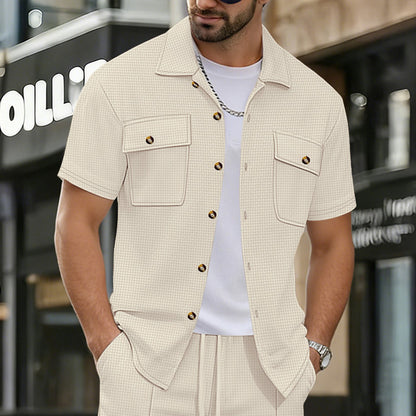 Waffle-Weave Mens Casual Short-Sleeve T-Shirt Jacket