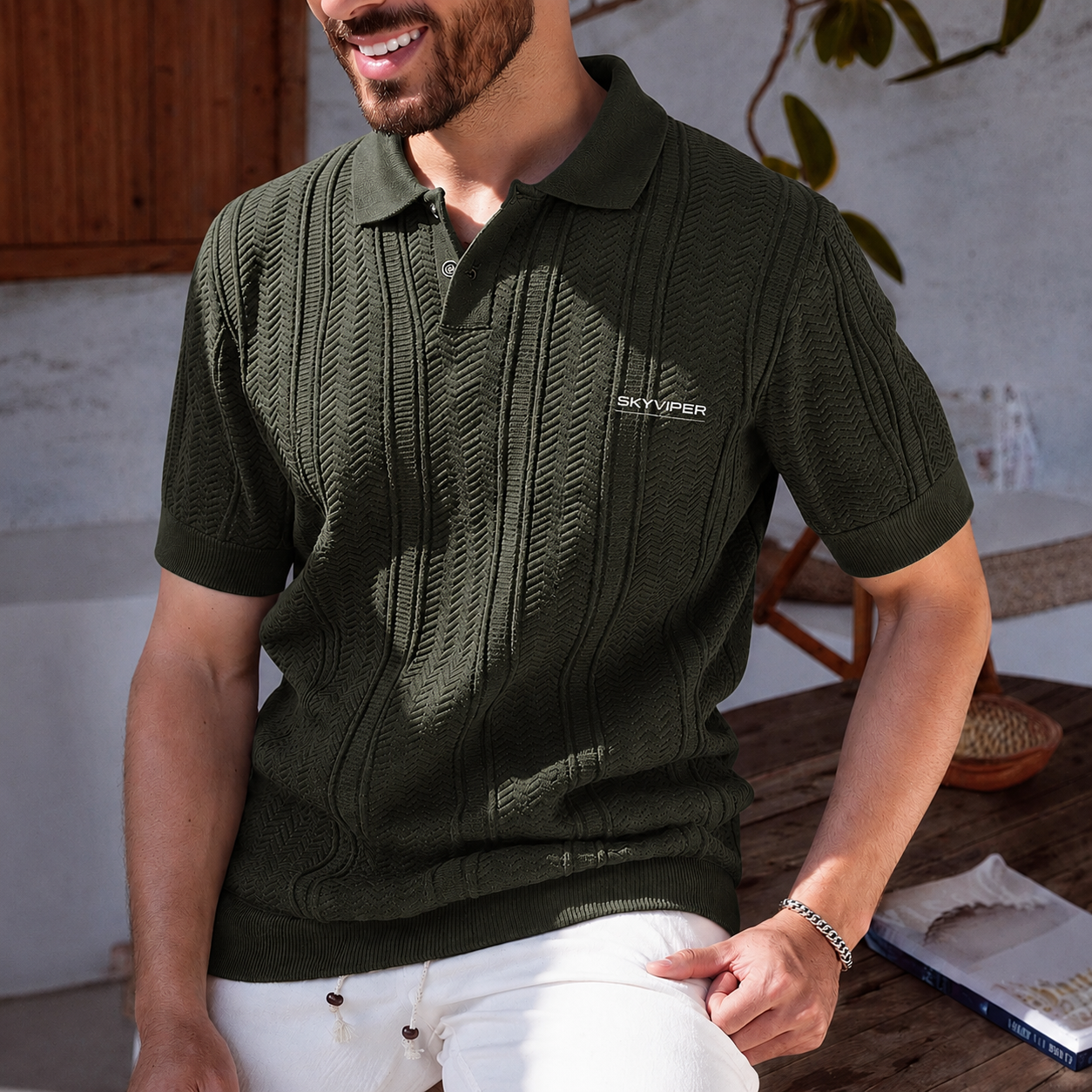 Textured Mens Dark Green Knitted Polo Shirt With A Premium Feel